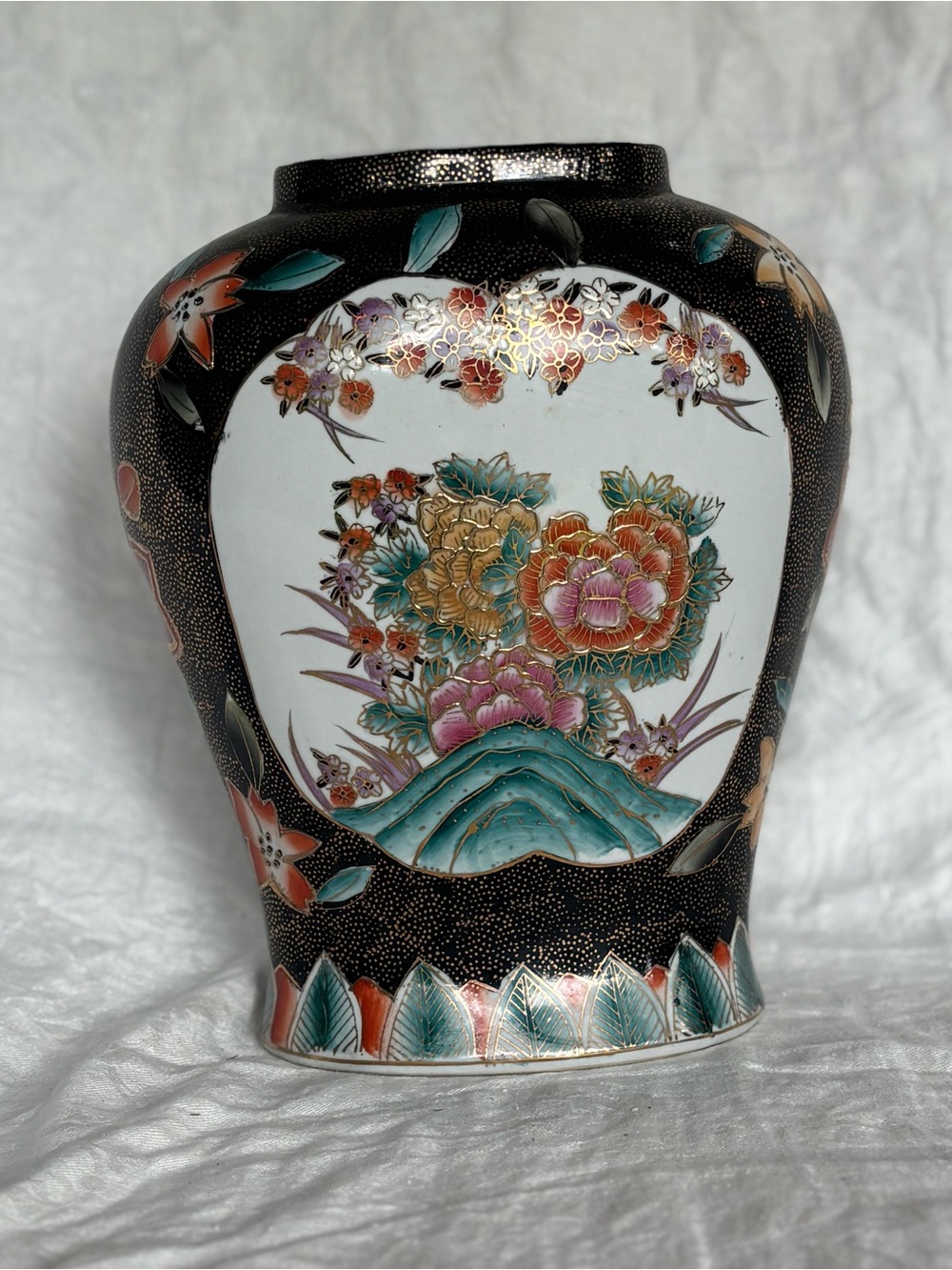 Black Floral Porcelain Vase with Multicolor Enamel Accents